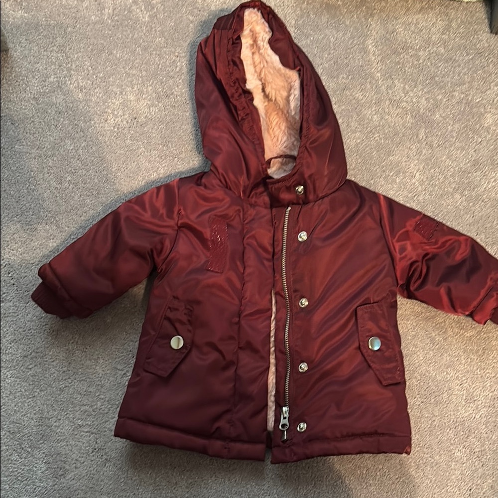 Burgundy Quilted Puffer Baby Winter Jacket with Hood